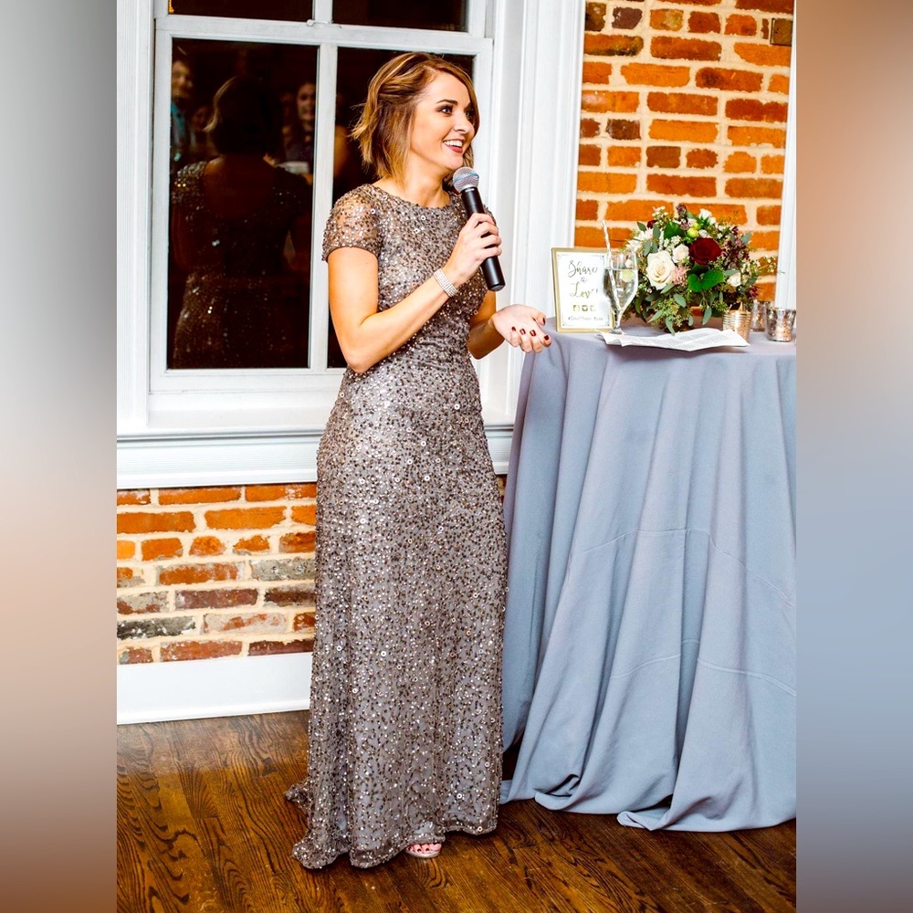 Adrianna Papell Gunmetal Sequined Cap Sleeve Gown - size 2P